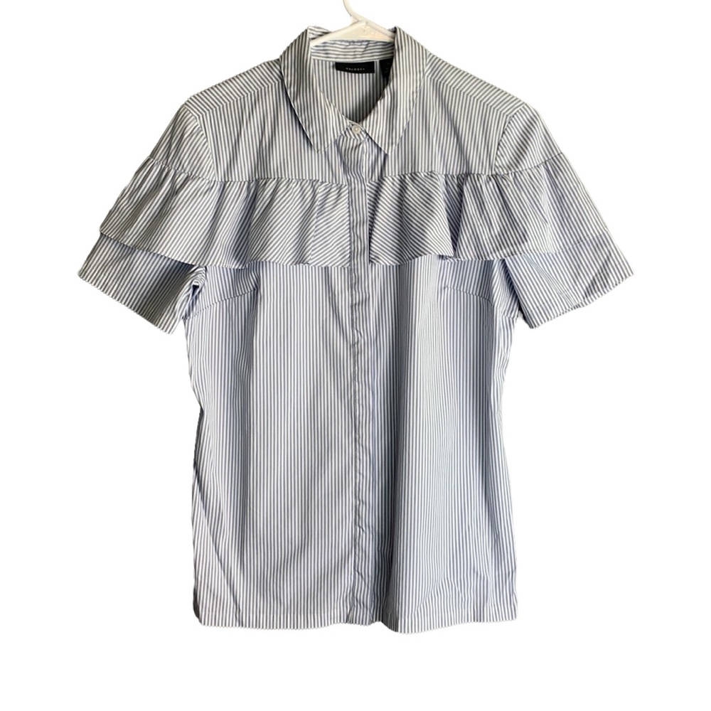 Halogen Striped Hidden Button Up Ruffle Top Size Medium - Picture 3 of 8